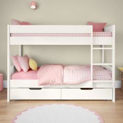 Zoomed Front View of Compact White Detachable Bunk Bed with a Pair of Drawers