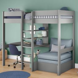 Zoomed Angled View of Uno Grey High Sleeper with Integrated Desk and Shelving and Grey Chair Bed