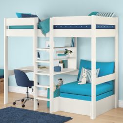 Zoomed Angle View of Uno White High Sleeper with Integrated Desk and Shelving and Aqua Chair Bed