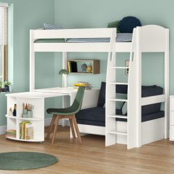 Zoomed Angled View of Uno S White High Sleeper with Fixed Desk, Pull Out Desk and Ocean Blue Sofa Bed