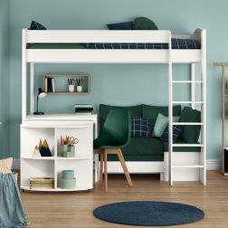 Zoomed Front View of Uno S White High Sleeper with Fixed Desk, Pull Out Desk and Teal Green Sofa Bed