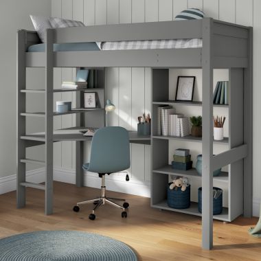 Zoomed Angled View of Classic Grey High Sleeper with Integrated Desk and Shelving and Tall Bookcase