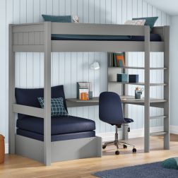 Zoomed Angled View of Classic Grey High Sleeper with Integrated Desk and Shelving and Blue Chair Bed
