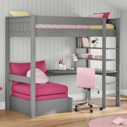 Zoomed Angled View of Classic Grey High Sleeper with Integrated Desk and Shelving and Pink Chair Bed