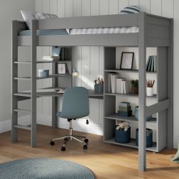 Zoomed Angled View of Classic Grey High Sleeper with Integrated Desk and Shelving and Tall Bookcase