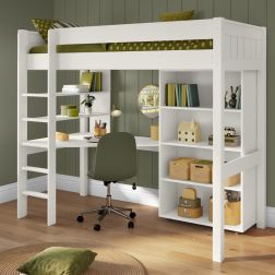 Zoomed Angled View of Classic White High Sleeper with Integrated Desk and Shelving and Tall Bookcase