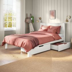 Zoomed Angled View of Classic White Low End Double Bed with a Pair of Drawers