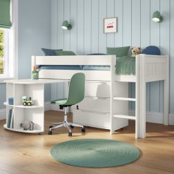 Zoomed Angled View of Classic White Mid Sleeper with Pull Out Desk and 3 Drawer Chest