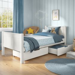 Zoomed Angled View of Classic White Single Bed with a Pair of Drawers