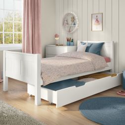 Zoomed Angled View of Classic White Single Bed White with Trundle Drawer