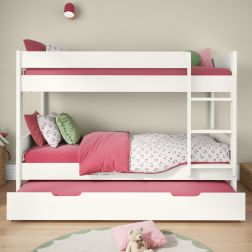 Zoomed Front View of Compact White Detachable Bunk Bed with Open Trundle and Trundle Mattress