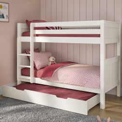 Kids Classic Originals White Bunk Bed with a Trundle Bed and Trundle Mattress Lifestyle Angled Zoomed
