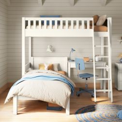 Closer front view of Arven white high sleeper with L-shaped single bed and freestanding storage desk in Nordic-style bedroom with painted tongue and groove walls, muted blue and beige bedding and retro anniversary styling.