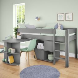 Zoomed Angled View of Uno Grey Mid Sleeper with Pull Out Desk and Cube Unit