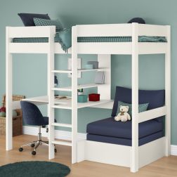 Zoomed Angled View of Uno White High Sleeper with Integrated Desk and Shelving and Blue Chair Bed