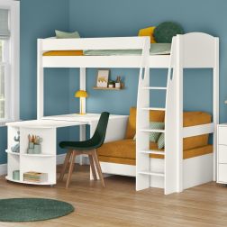 Zoomed Angled View of Uno S White High Sleeper with Fixed Desk, Pull Out Desk and Mustard Yellow Sofa Bed