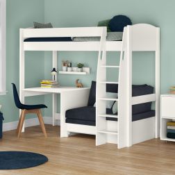 Zoomed Angled View of Uno S White High Sleeper with Fixed Desk and Ocean Blue Sofa Bed