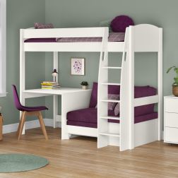 Zoomed Angled View of Uno S White High Sleeper with Fixed Desk and Purple Heather Sofa Bed