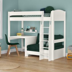 Zoomed Angled View of Uno S White High Sleeper with Fixed Desk and Teal Green Sofa Bed