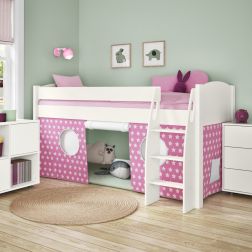 Zoomed Angled View of Uno S White Mid Sleeper with Pink and White Stars Tent