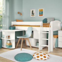 Zoomed Angled View of Uno S White Mid Sleeper with Pull Out Desk and Cube Unit