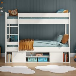 Zoomed Front View of Uno White Detachable Storage Bunk Bed
