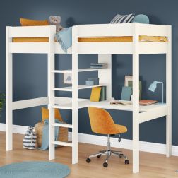 Zoomed Angled View of Uno White High Sleeper Bed Frame with Integrated Desk and Shelving
