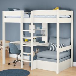 Zoomed Angled View of Uno White High Sleeper with Integrated Desk and Shelving and Grey Chair Bed