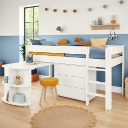 Zoomed Angled View of Uno White Mid Sleeper with Pull Out Desk and 3 Drawer Chest