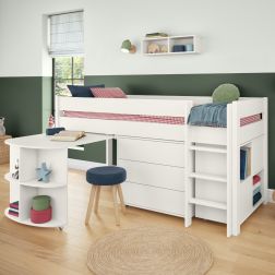 Zoomed Angled View of Uno White Mid Sleeper with Pull Out Desk, 3 Drawer Chest and Cube Unit