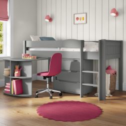 Childrens Classic Mid Sleeper Bed in Grey, Pull Out Desk, 3 Drawer Chest Lifestyle Angled Zoomed