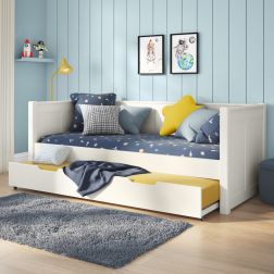 Zoomed Angled View of Classic White Day Bed with Open Trundle and Trundle Mattress