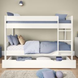 Compact White Detachable Bunk Bed with Trundle Drawer Lifestyle Front Zoomed