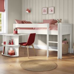 Childrens Classic Mid Sleeper Bed in White with Pull Out Desk Standard UK Single Size Lifestyle Angled Zoomed