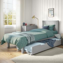 Zoomed Angled View of Classic Grey Low End Single Bed with Open Trundle and Trundle Mattress
