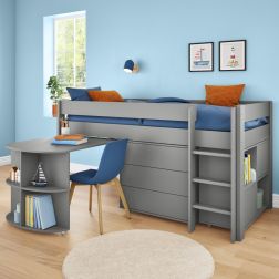 Zoomed Angled View of Uno Grey Mid Sleeper with Pull Out Desk, 3 Drawer Chest and Cube Unit