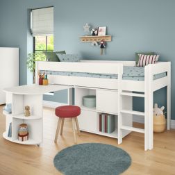 Zoomed Angled View of Uno White Mid Sleeper with Pull Out Desk and Cube Unit