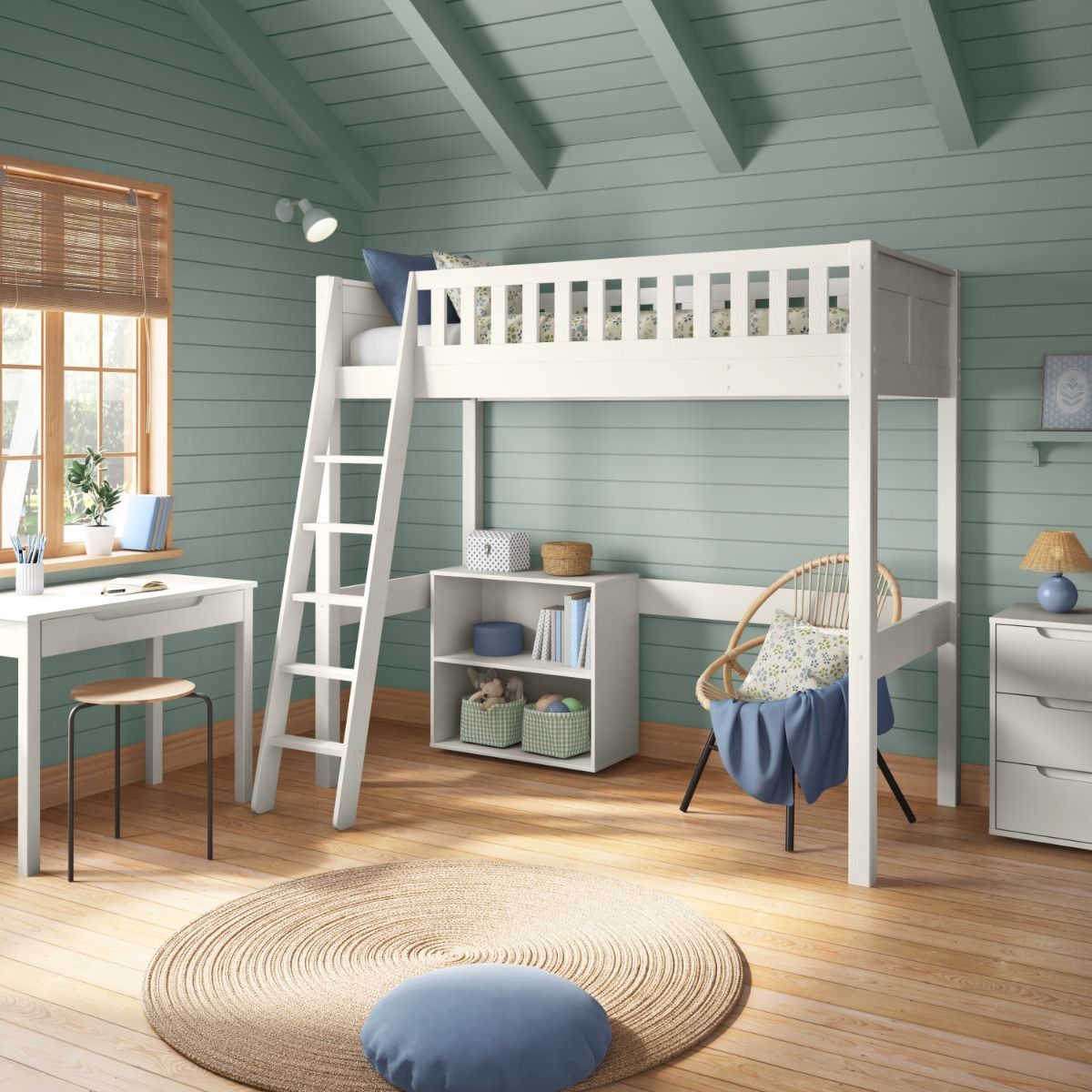 A closer angled view of Arven white high sleeper with a slanting ladder and a low bookcase ben in a stylish Scandinavian styled bedroom with tongue and groove wall panelling and calm green and blue colour palette