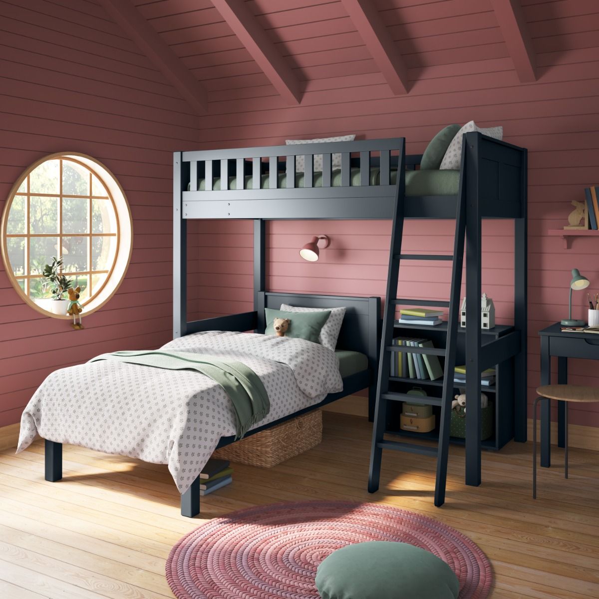 Closer Side view of Arven heritage blue high sleeper with single bed and low bookcase in a charming red Scandinavian-style child's bedroom