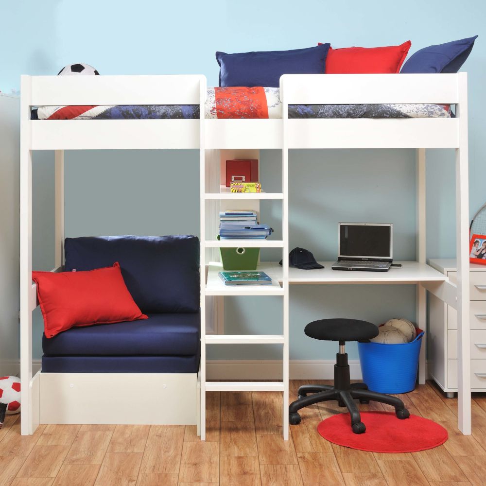Childrens UNO High Sleeper Bed With Pull Out Chair Bed in Blue and Free Stompa S Flex Airflow Mattress Lifestyle Front