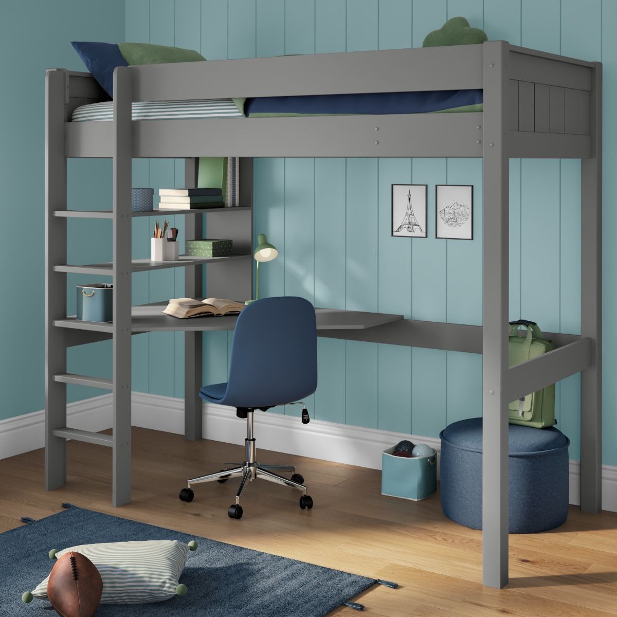 Zoomed Angled View of Classic Grey High Sleeper with Integrated Desk and Shelving