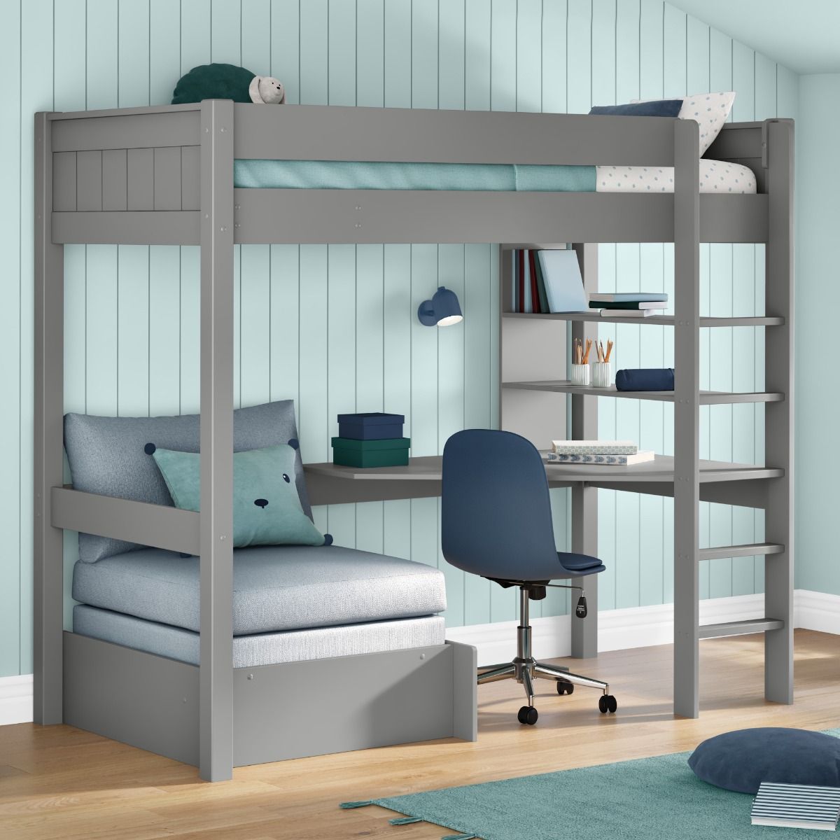 Zoomed Angled View of Classic Grey High Sleeper with Integrated Desk and Shelving and Grey Chair Bed