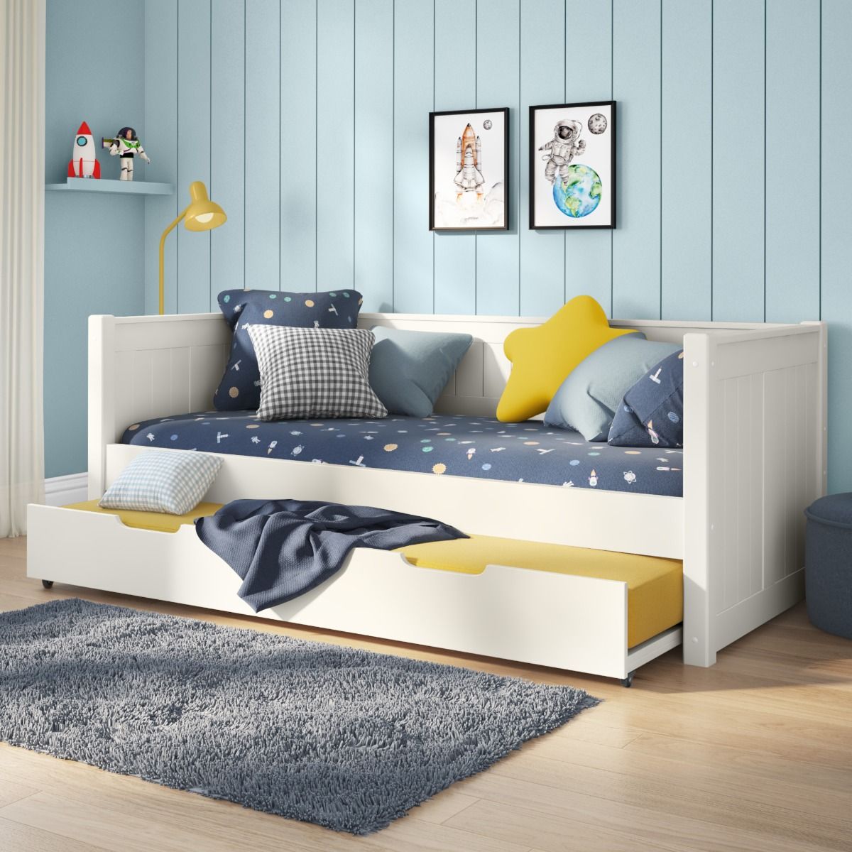 Zoomed Angled View of Classic White Day Bed with Open Trundle and Trundle Mattress