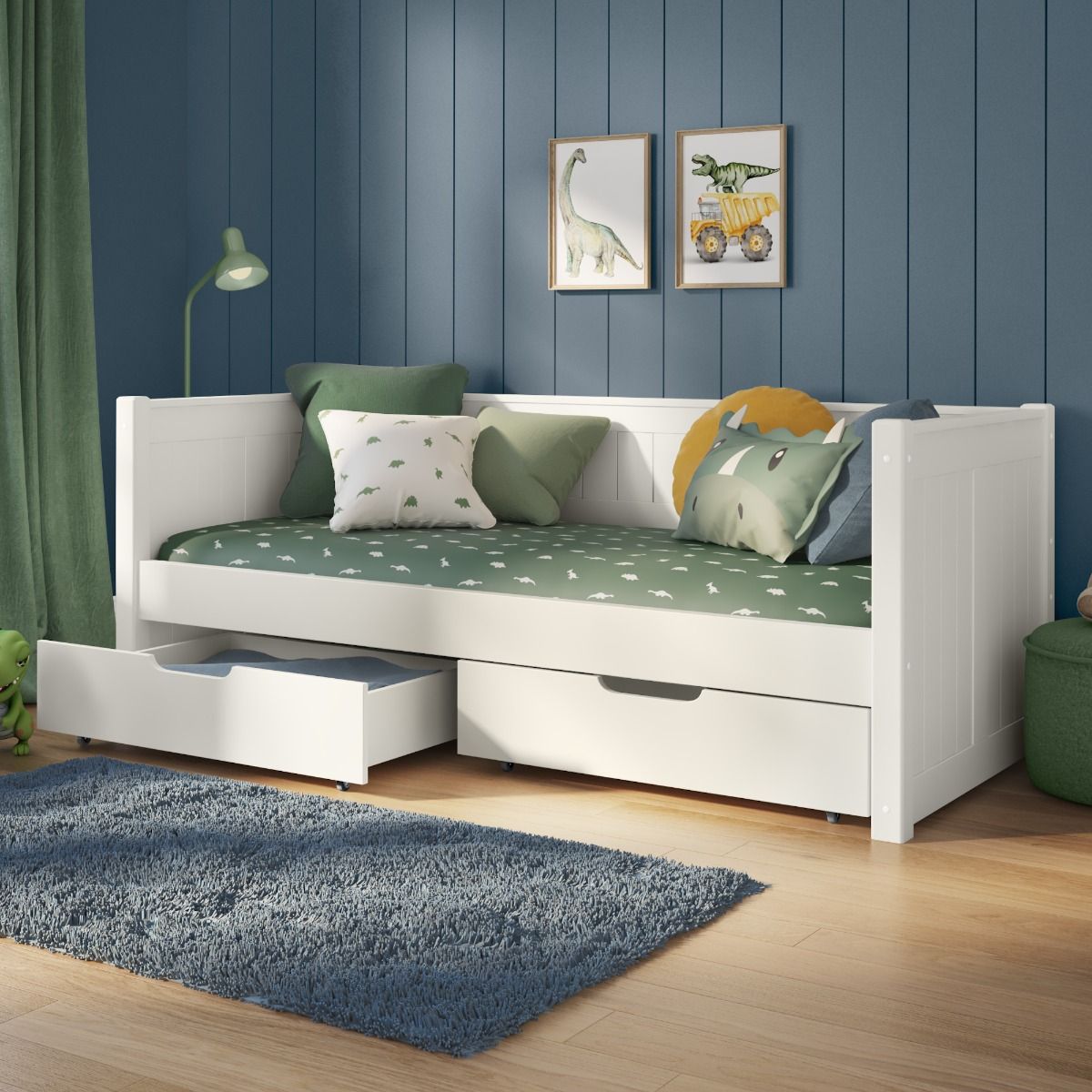 Zoomed Angled View of Classic White Day Bed with a Pair of Drawers