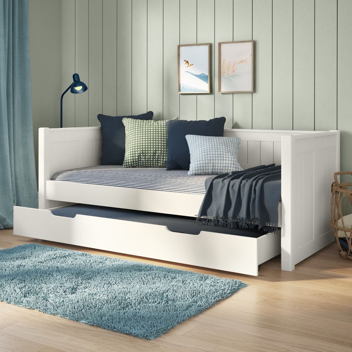 Zoomed Angled View of Classic White Day Bed with Trundle Drawer and Trundle Mattress