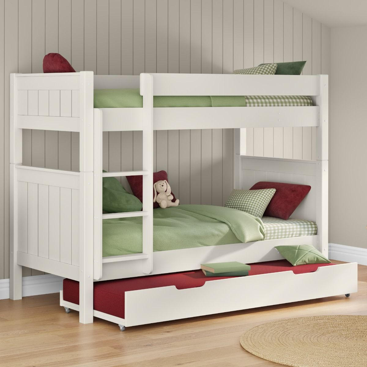 Zoomed Angled View of Classic White Bunk Bed with Open Trundle and Trundle Mattress