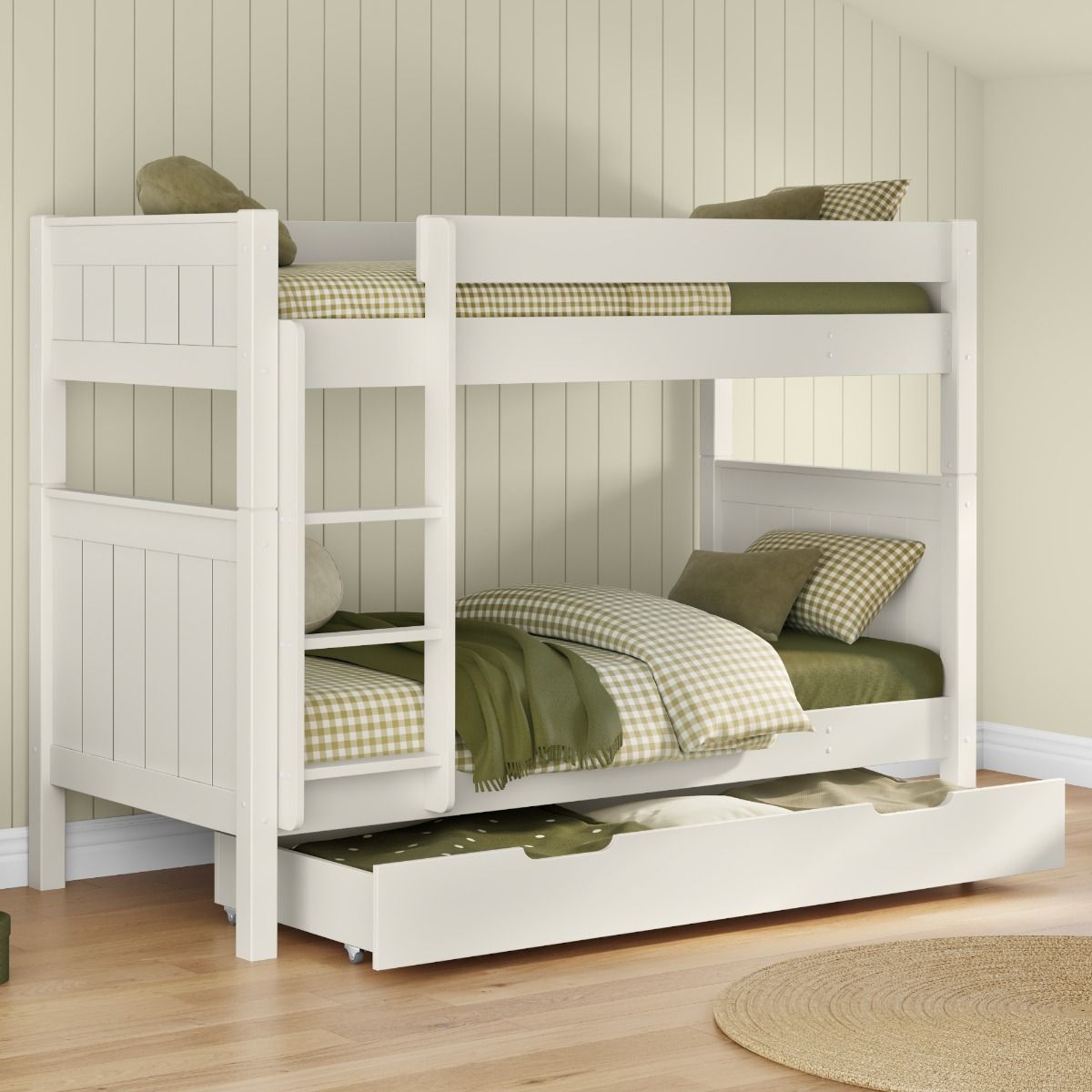 Zoomed Angled View of Classic Bunk Bed in White with Trundle Storage Drawer