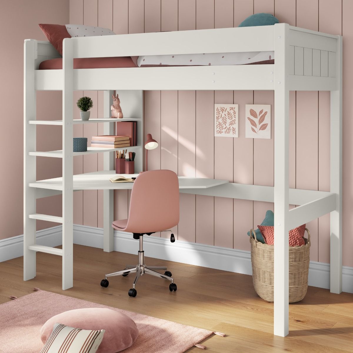Zoomed Angled View of Classic White High Sleeper with Integrated Desk and Shelving