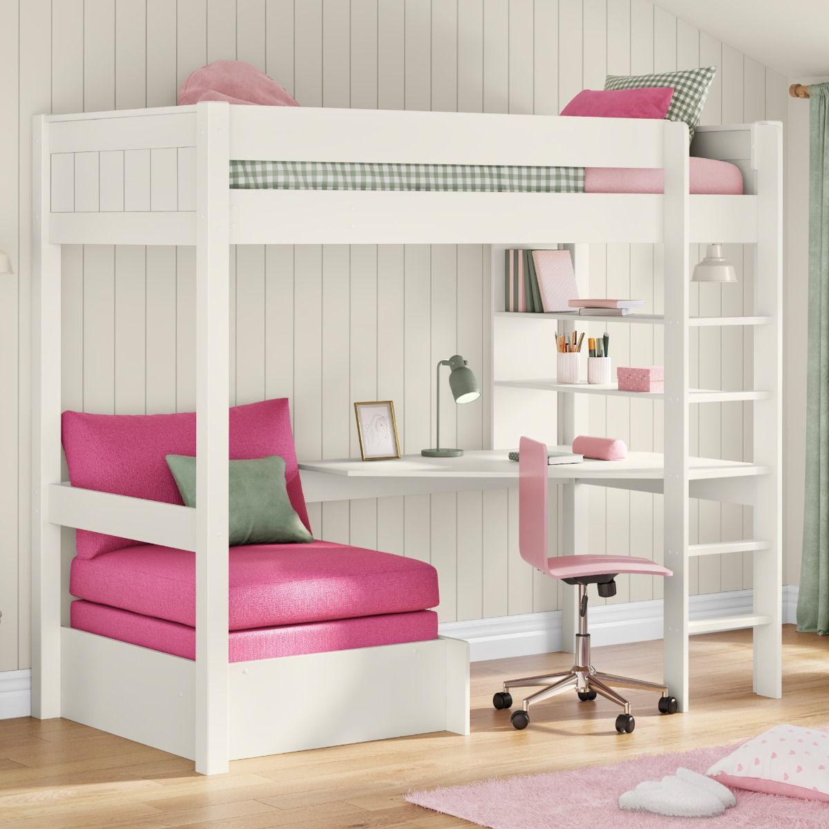 Zoomed Angled View of Classic White High Sleeper with Integrated Desk and Shelving and Pink Chair Bed