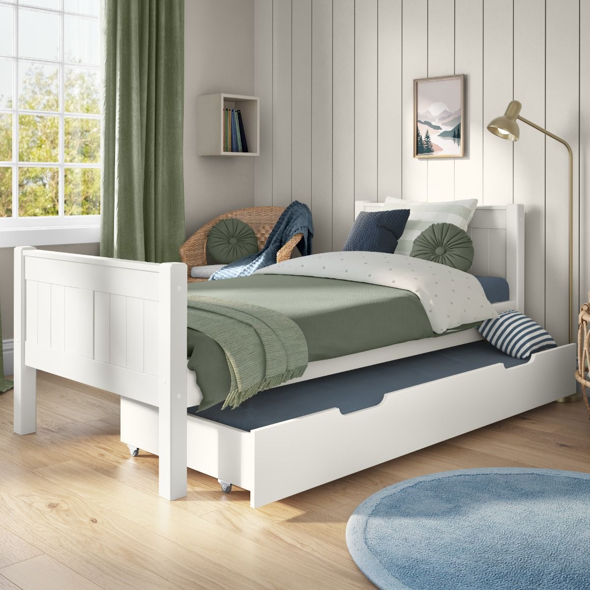 Zoomed Angled View of Classic White Single Bed with Trundle Drawer and Trundle Mattress